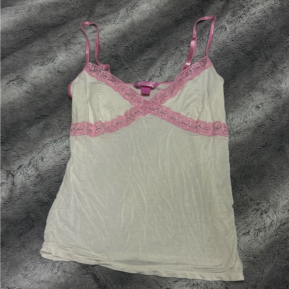 Victoria Secret’s PINK white lace cami tank top with pink ascents